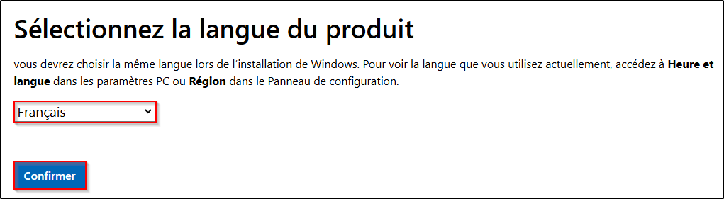 Windows 11 (Téléchargement) : Sélection de la langue.