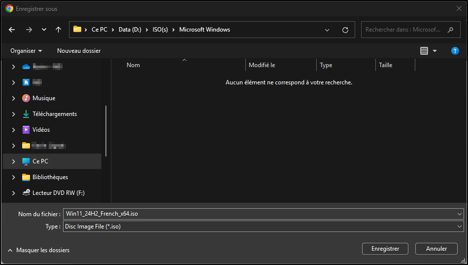 Windows 11 : Enregistrement du fichier image (.iso).
